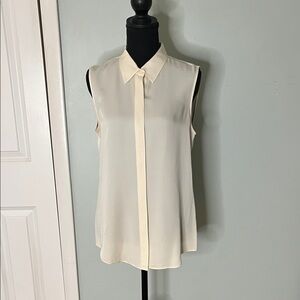 Theory Tanelis sleeveless silk button-up top.